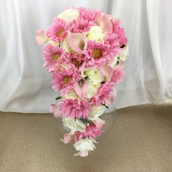 artificial silk flower bridal bouquet ,teardrop design. pink, ivory. available in most colours, inc gerbera, rosse, & calla lily