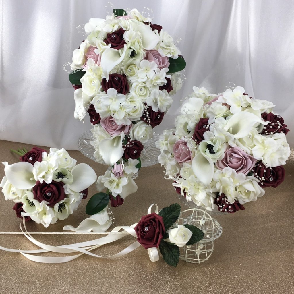 artificial wedding bouquet. teardrop style. pink/ burgundy/ ivory/white. roses, calla lilies, hydrangea, pearl embellishment