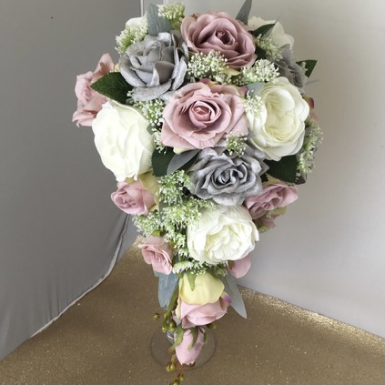 artificial silk flower bridal bouquet, teardrop/ shower bouquet inc queen anne .lace, mixed variety of roses, foam peony, & noble leaf