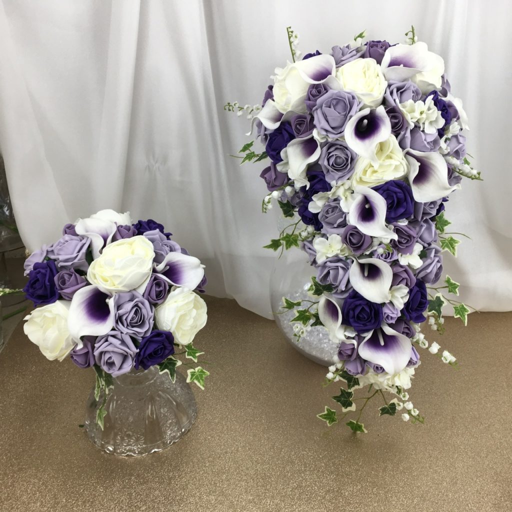 artificial bridal bouquet teardrop style, purple, white, ivory inc colourfast foam roses, calla lily rose buds & ivy