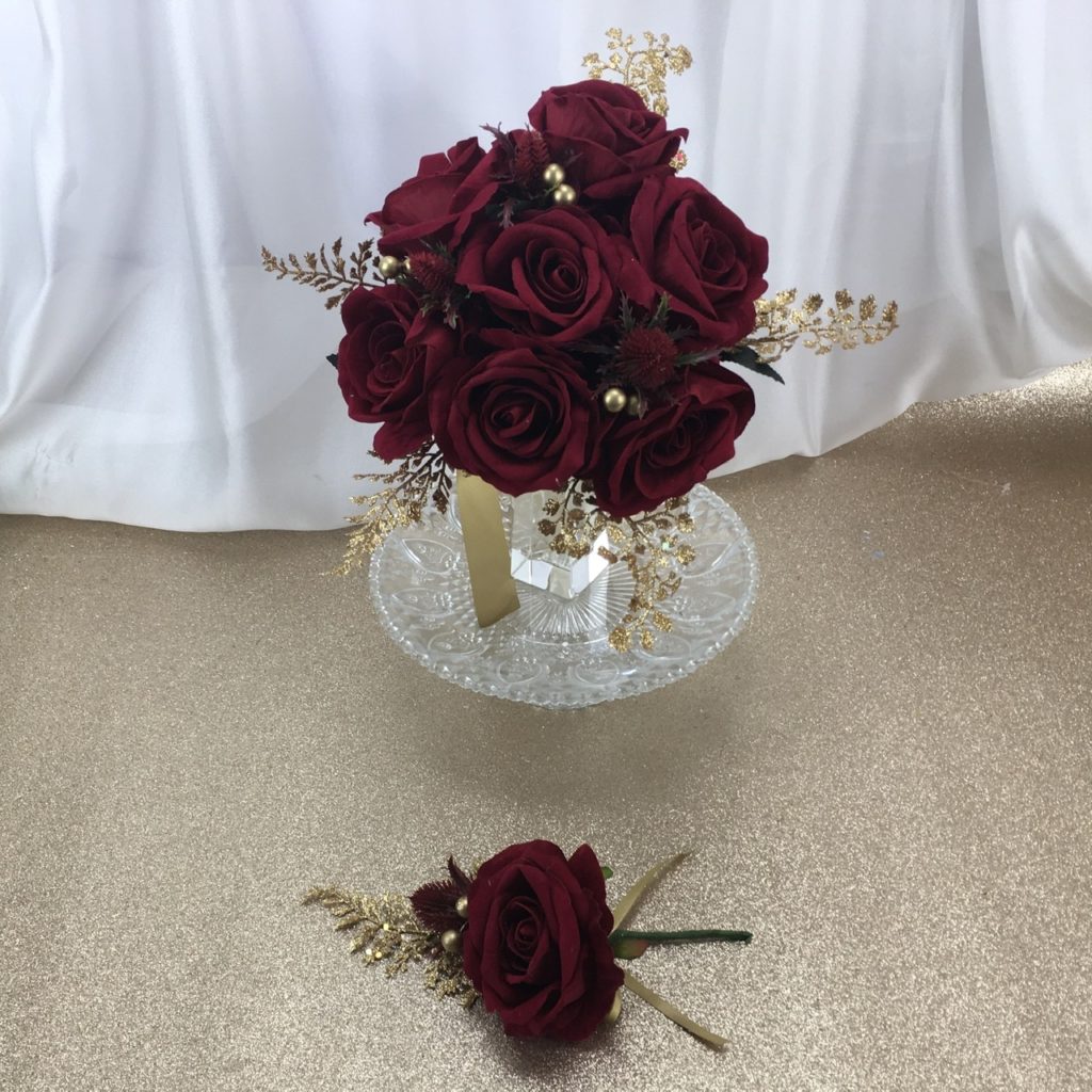 artificial silk flower brides bouquet hand tied posy style. reds, gold available in most colours. inc roses, golds fern & berry