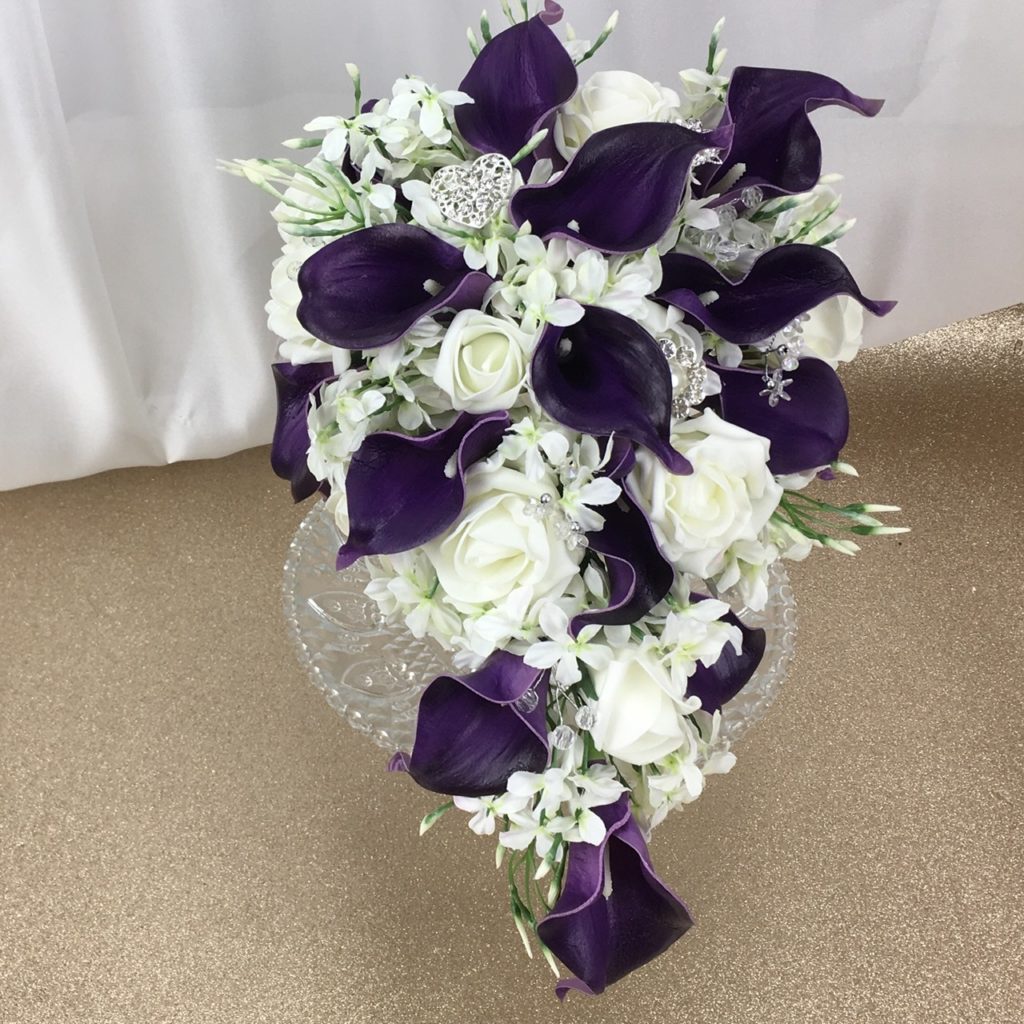 silk artificial flower brides bouquet, teardrop style. ivory, purple, white. inc calla lily, blossom, roses & rose buds