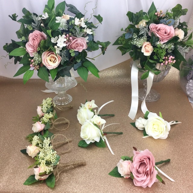 artificial silk flower bridal bouquet. hand tied posy style. pink, ivoey, dusky pink all colours available. inc roses, peony, berry, blossom, ruscus, eucalyptus, lambsear, ficus