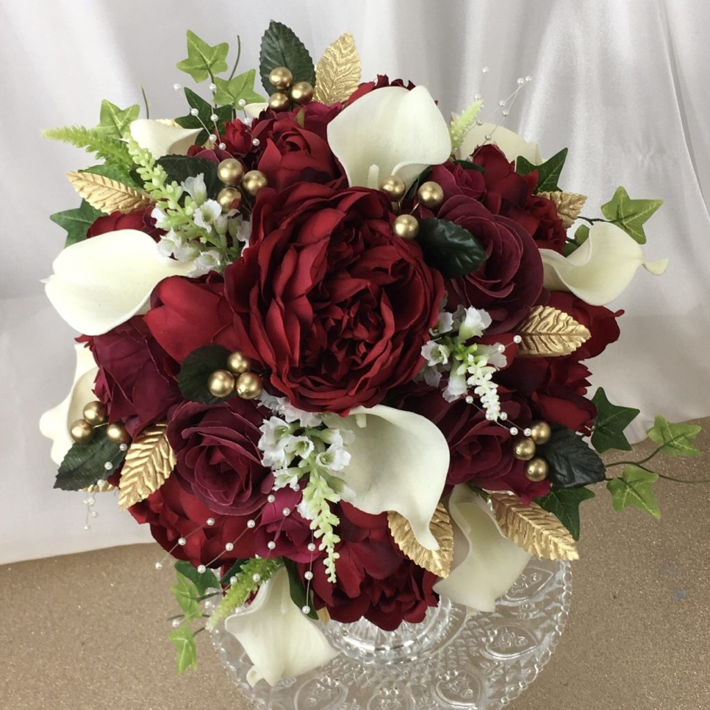 artificial silk bridal bouquet burgundy, ivory, gold. hand tied round posy style. inc calla lily, roses, peony, berries, physostegia & ivy