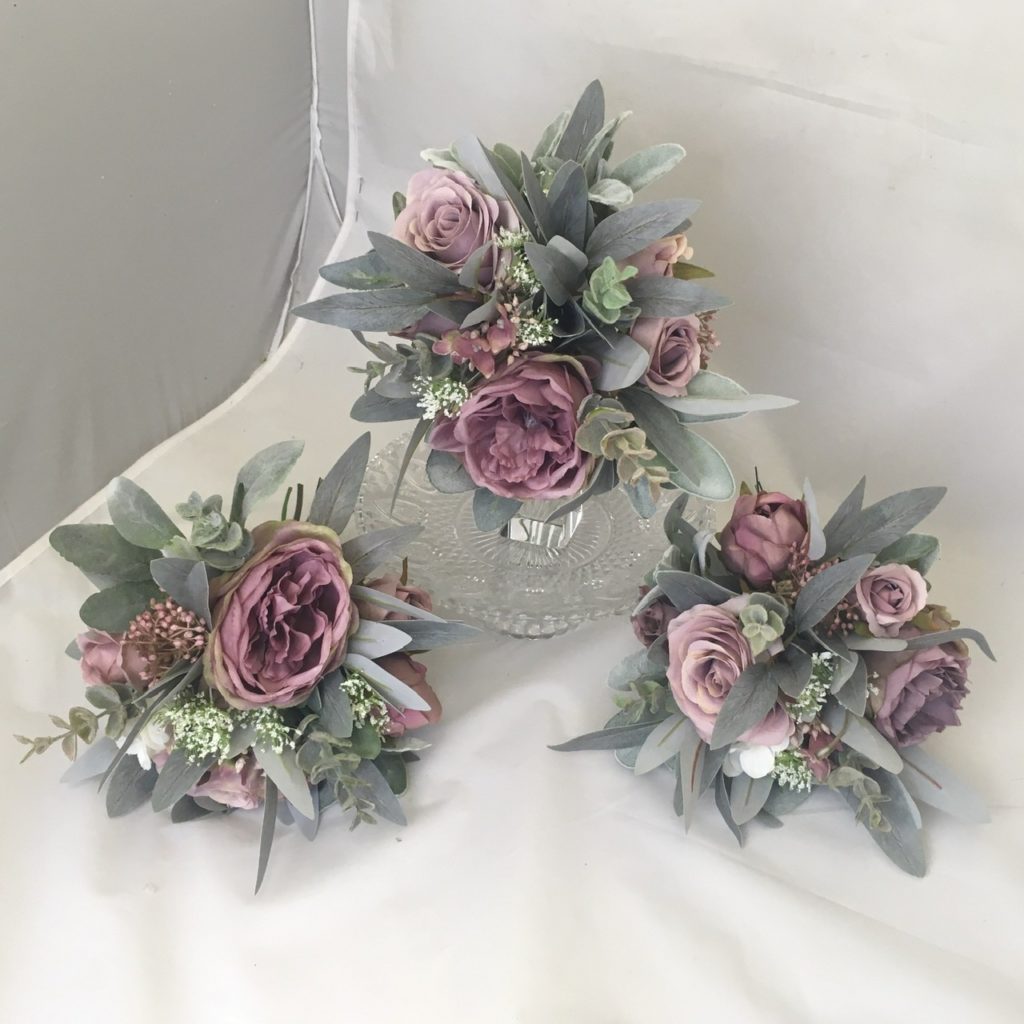 silk artificial flower brides bouquet hand tied posy style. mauves, dusky pink, ivory grey foliage , inc roses, berryhydrangea, queen anne lace noble leaf & eucalyptus
