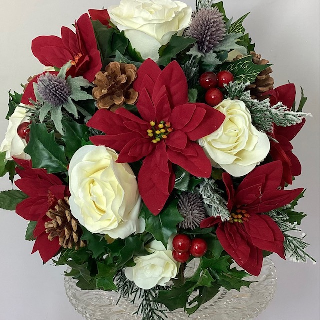 seasonal artificial silk bridal bouquet, christmas hand tied posy style. inc poinsettia, roses, berries, holly, thistle, spruce & cones