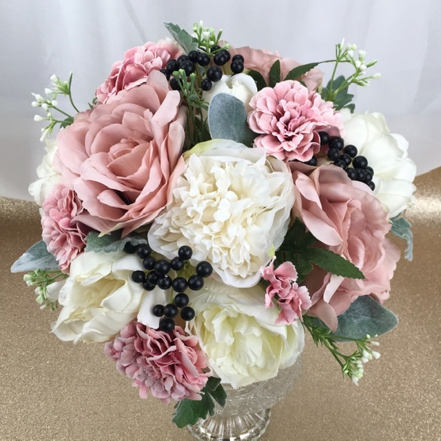 artificial silk flower brides bouquet, hand tied posy style. ivory, pink, white grey, green. inc roses, peony, carnation, berry & gypsophila