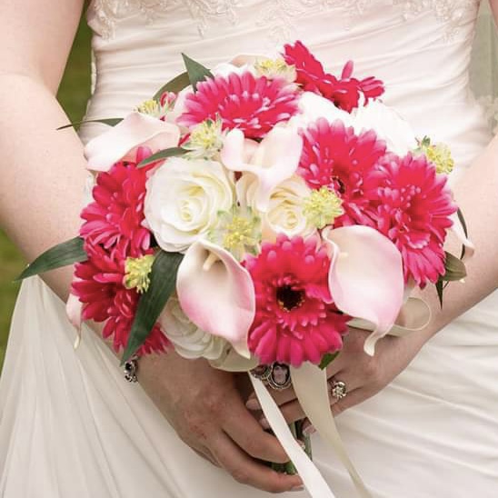 artificial silk flower bridal bouquet, hand tied posy style., cerise, pink, ivory, blush. inc roses, gerbera, astrantia, & calla lily