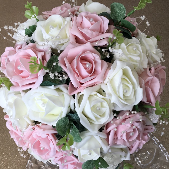 artificial foam wedding bouquet. hand tied posy style pink/ ivory/ white roses, eucalyptus