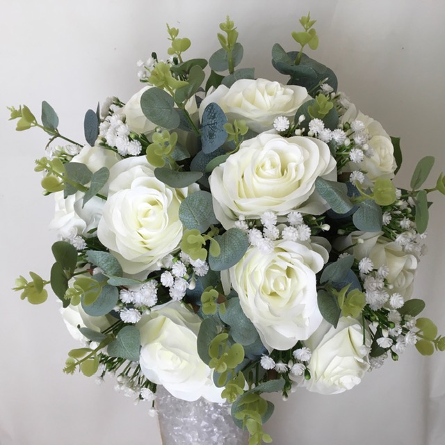 artificial silk flower bridal bouquet, hand tied posy style. ivory, white green. available in most colours. inc roses, gypsophila & eucalyptus