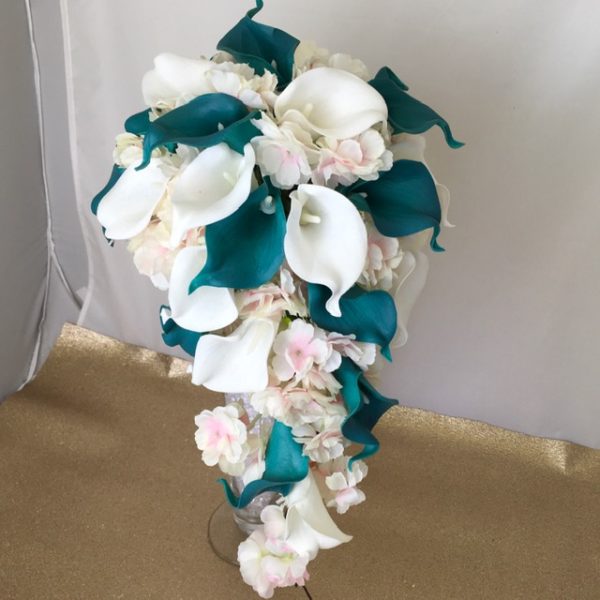 artificial silk flower brides bouquet, teardrop shower bouquet, teal, pink, ivory. available in most colours inc blossom, calla lily,