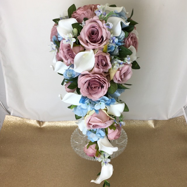 artificial silk flower brides bouquet, teardrop shower bouquet. blue, ivory, mauve, mink, nude. inc roses, hydrangea, calla lily