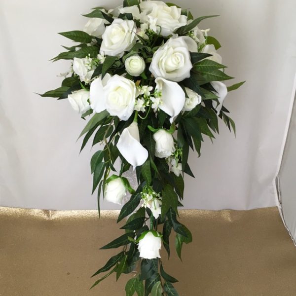 artificial silk flower bridal bouquet, shower style. 8ivory, white, green available in most colours . inc roses, calla lily, wild hydrangea & ruscus