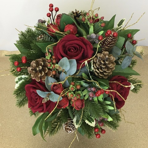 silk artificial bridal bouquet, winter season inspired, reds, greens, natural cones, hand tied round posy style inc velvet rose, hypericum, berries, eucalyptus, spray roses, spruce, gold twigs