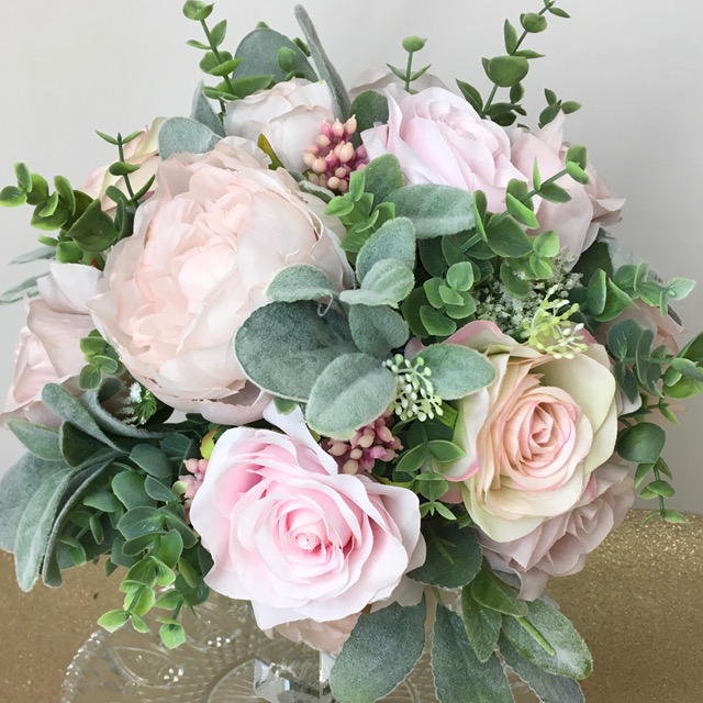 artificial silk flower bridal bouquet. hand tied open posy style. pale pink, ivory, green. inc roses, peony, berry, eucalyptus, lambs ear