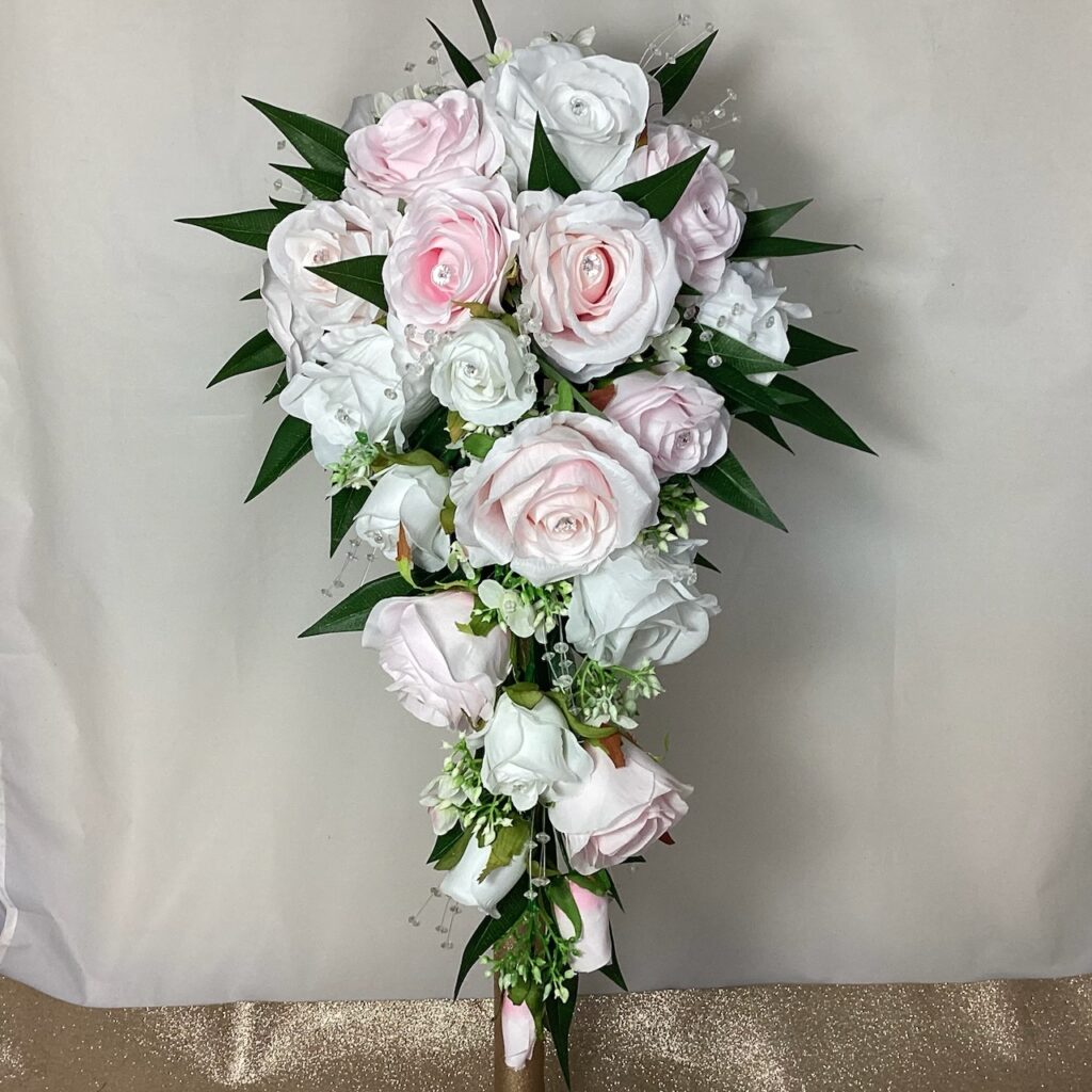 artificial silk flower brides bouquet, shower bouquet. pink, ivory, white, grey, green. inc roses, wild hydrangea, eucalyptus, & ruscus
