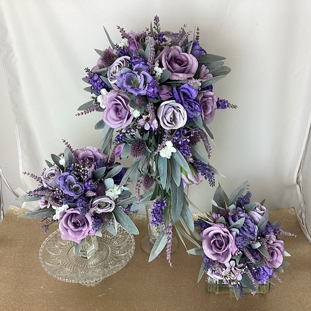 artificial silk brides bouquet shower style inc thistles, noble leaf, roses. lissianthus, veronica, lavender & blossom