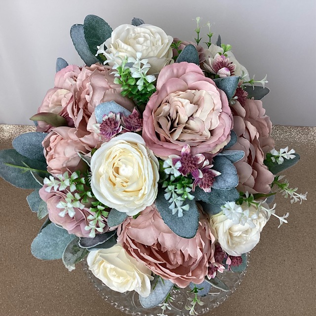 artificial silk flower bridal bouquet hand tied posy style. pink, ivory, grey, green. available in most colours. inc peony, rose, astrantia, lambs ear