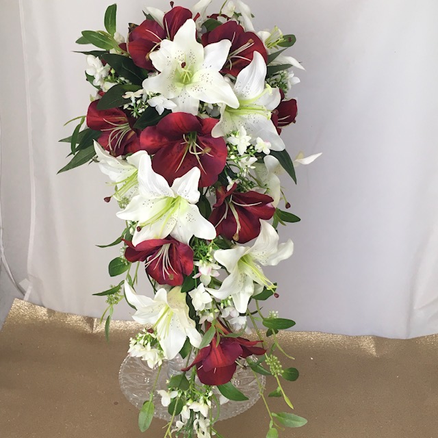 silk artificial bridal bouquet, shower design. ivory, red, burgundy, white. inc casablanca lily, tiger lily, wild hydrangea & ruscus