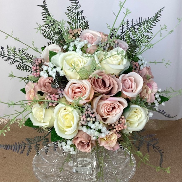 artificial silk flower brides bouquet, hand tied posy style inc vintage roses, berries, gypsophila, meadow grass & fern