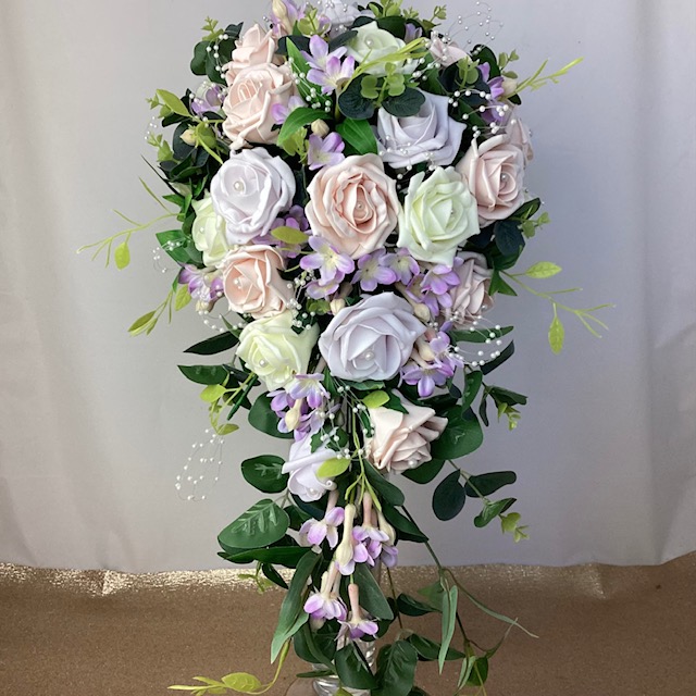 artificial bridal bouquet, shower bouquet inc foam roses,, stephanotis, eucalyptus and ruscus