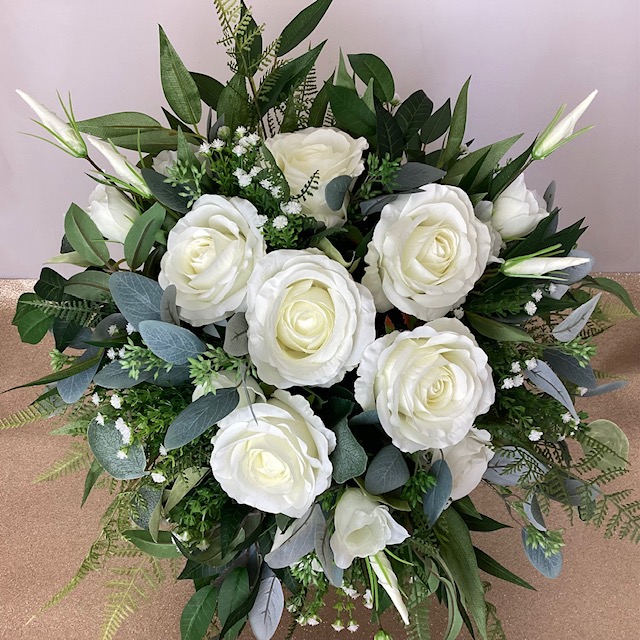 natural hand tied bridal bouquet, posy style, inc mixed foliage eucalyptus, ruscus, fern, roses, lissianthus & gypsophila