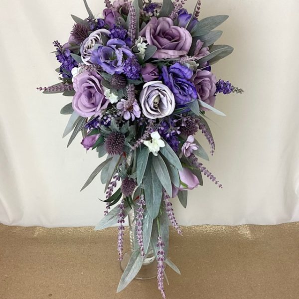 artificial silk flower bridal bouquet, shower bouquet. purple, lilac, blues, greys. inc noble leaf, roses, lissianthus, daisy, thistle & lavender