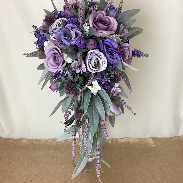 artificial silk flower bridal bouquet, shower bouquet. purple, lilac, blues, greys. inc noble leaf, roses, lissianthus, daisy, thistle & lavender
