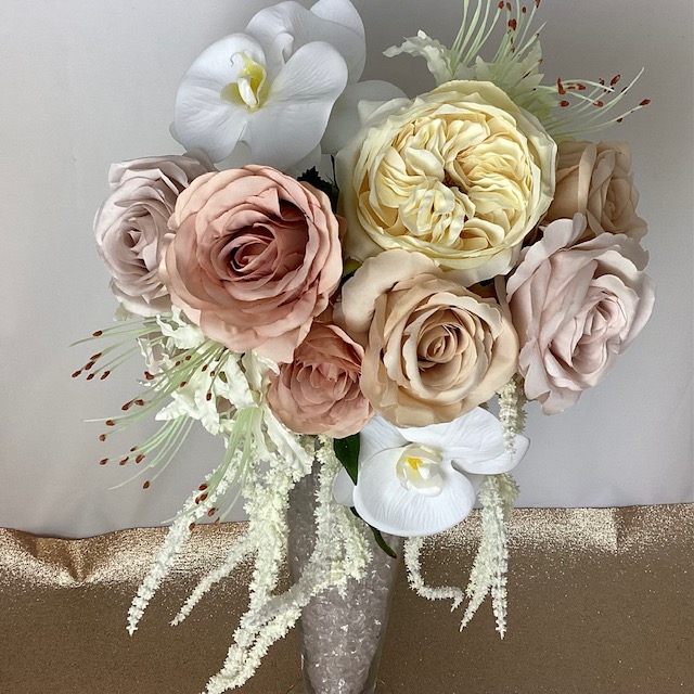 artificial silk flower bridal bouquet, hand tied. nude, pink, blush mink , ivory. inc peony phalanopsis orchid, nerine, amaranthus
