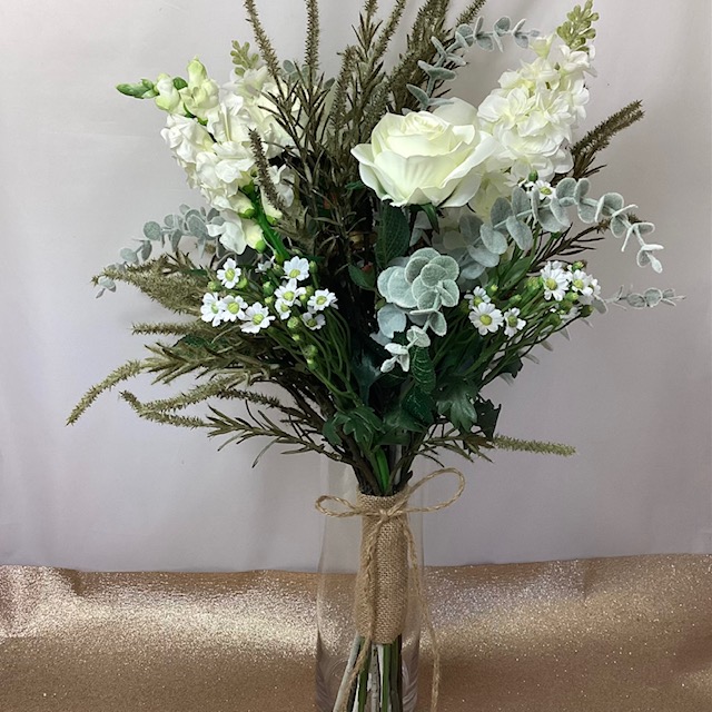 wedding thank you bouquet, artificial flowers ivory. antirrhinum,,santini daisy, eucalyptus