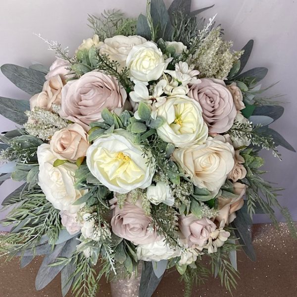 artificial silk flower bridal bouquet, large hand tied posy style. large i8n size. pastle muted colours, mink, blush, vanilla, dusky mauve, antique rmauve, grey & green. inc peony, roses, & tassle fern
