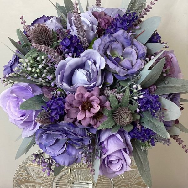 artificial silk brides hand tied posy style bouquet, inc roses, lavender, lissianthus thistle, berries, noble leaf