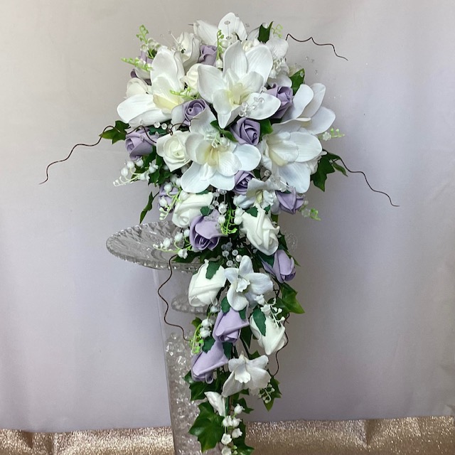 artificial silk & foam brides bouquet, teardrop design delicate, romantic lavender/ ivory inc lily of the valley, orchids , foam roses, vine & ivy