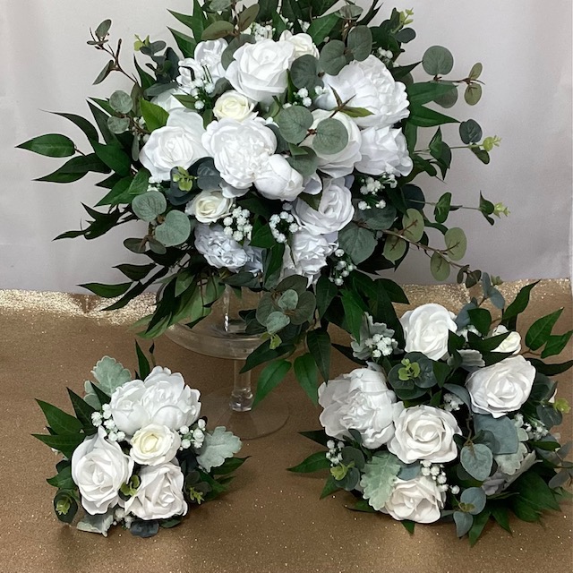 artificial silk flower bridal bouquet. loose open natural hand tied style. ivory, white all colours available. inc roses, peony, gypsophila, eucalyptus, ruscus, lambs ear, dusty miller