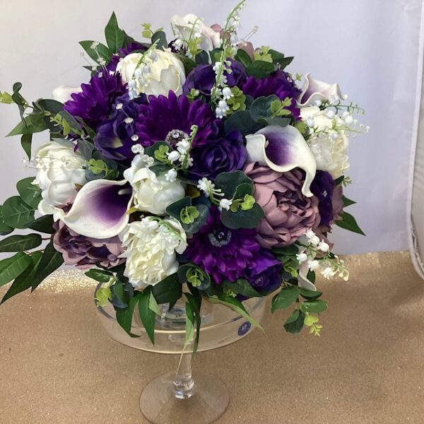 artificial silk bridal bouquet, large in size. purples, ivory, white, ivory, green. hand tied round posy style, natural bouquet inc calla lily, gerbera, lily of the valley, ruscus & eucalyptus