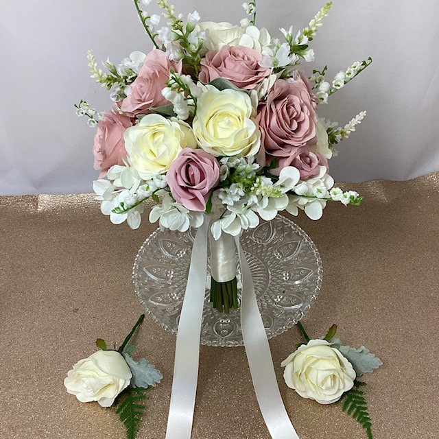 artificial sil k flower brides bouquet, hand tied posy style, inc roses, hydrangea, lily of the valley & physostegia