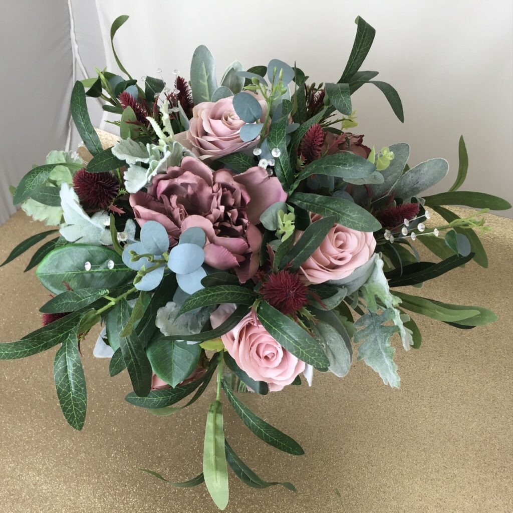 artificial silk flower bridal bouquet, hand tied open loose style pink, burgundy, greys, green, available in all colours, inc roses, peony, bay leaf, eucalyptus, ficus, dusty miller & thistle