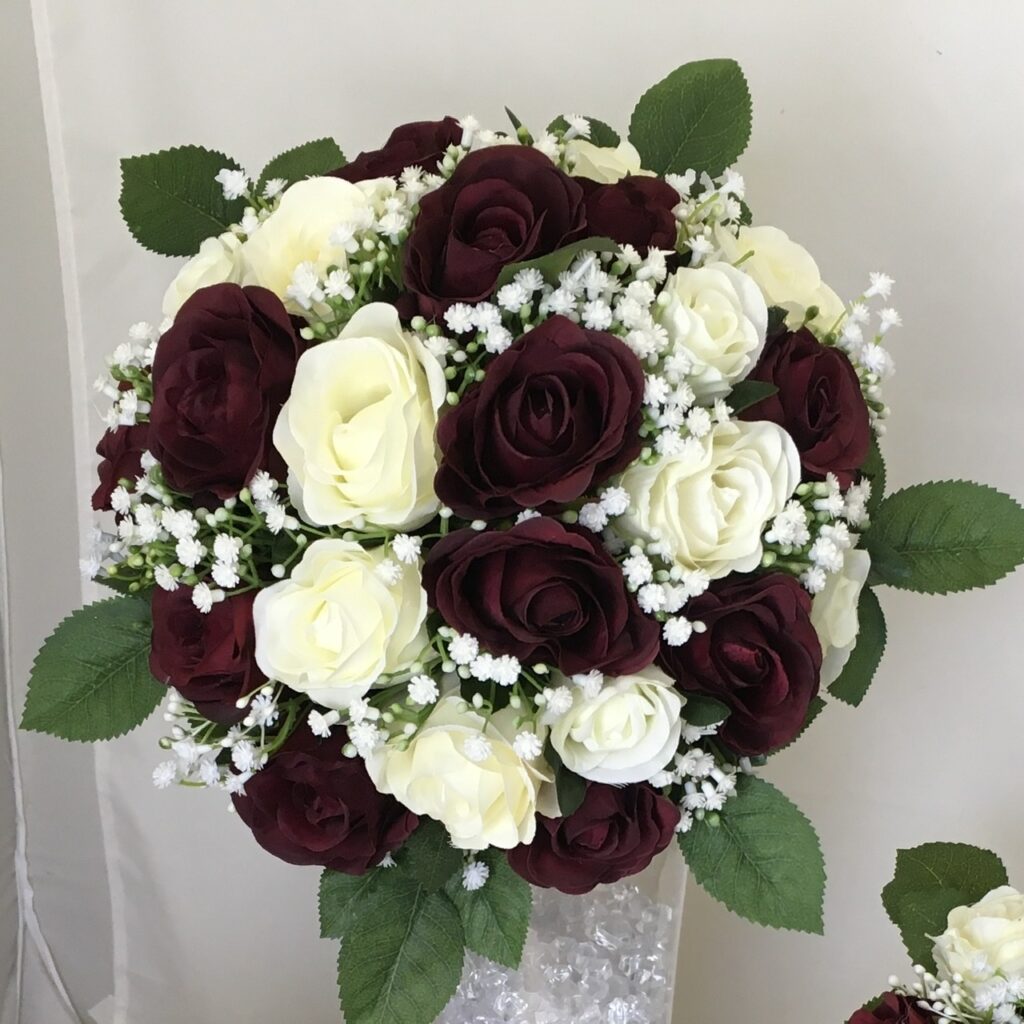 artificial silk flower brides bouquet, round posy style hand tied burgundy/ ivory/ white inc roses & gypsophila alternative flowers gerbera, peony, scabious, ranunculus