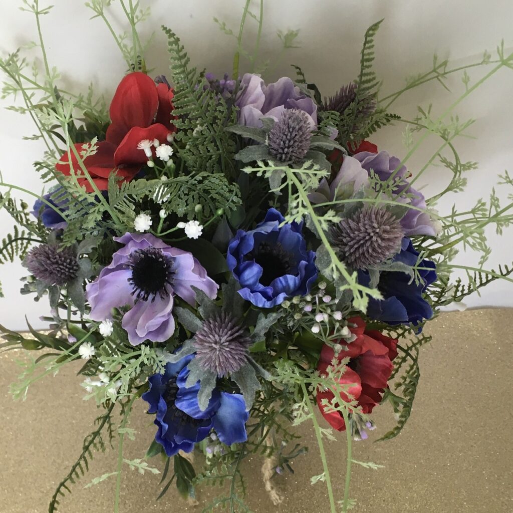 artificial bridal bouquet, garden natural style. inc thistle, anemone, fern, gypsophila & berries