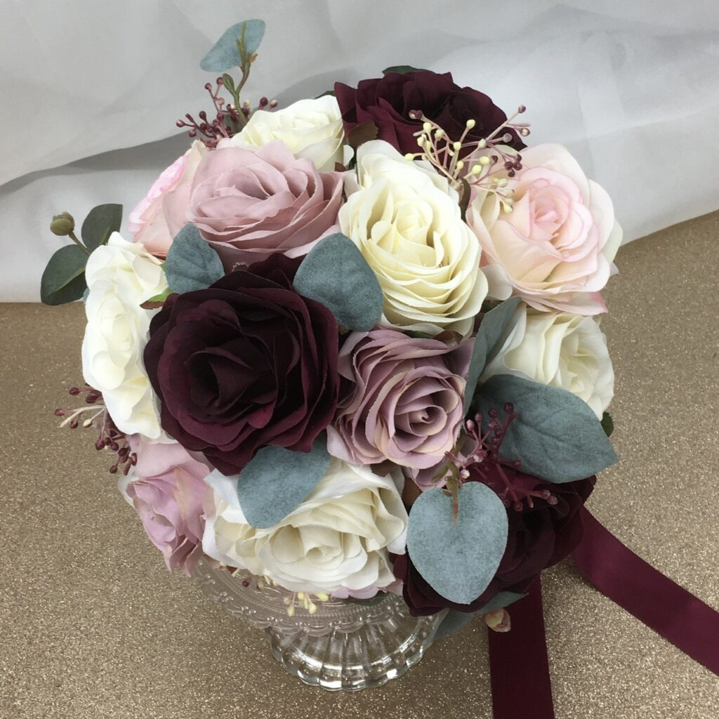artificial silk flower brides posy hand tied bouquet, compact design inc mixed roses eucalyptus, berries,