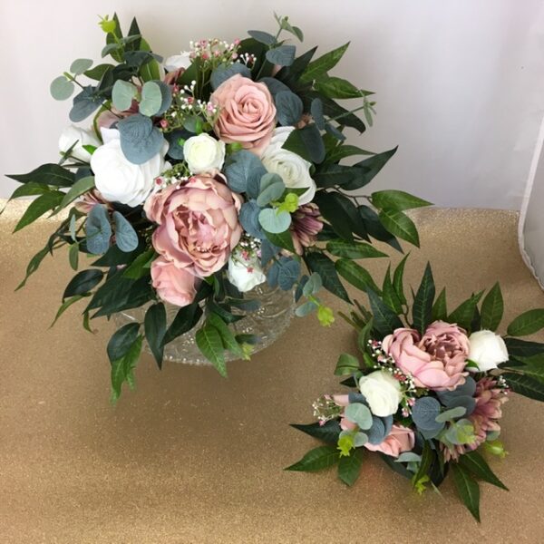 artificial silkm flower brides bouquet, loose natural garden style hand tied bouquet, dusky pink/ivory/ white inc peony, gerbera roses, rose buds & eucalyptus