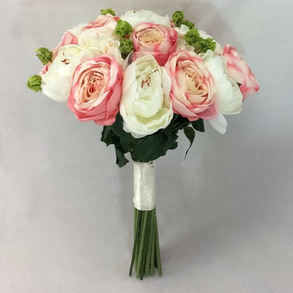artificial silk flower brides bouquet . hand tied posy style coral, peach, apricot, ivory. available in most colours, inc peony & viburnum