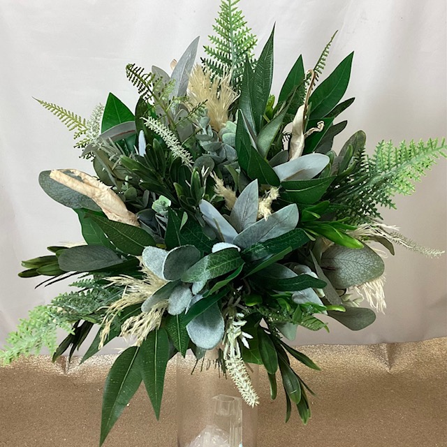 artificial silk & dried flower bridal bouquet, hand tied natural design inc ruscus, noble leaf, fern, rosemary, lamb sear, and pampas grass