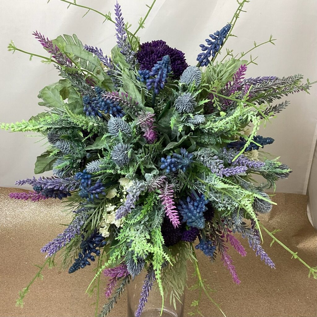 artificial silk flower bridal bouquet. natural hand tied posy style. purple, lilac, ivory, pink, inc lavender, thistle, bluebells astilbe, heather,, meadow grass and dusty miller