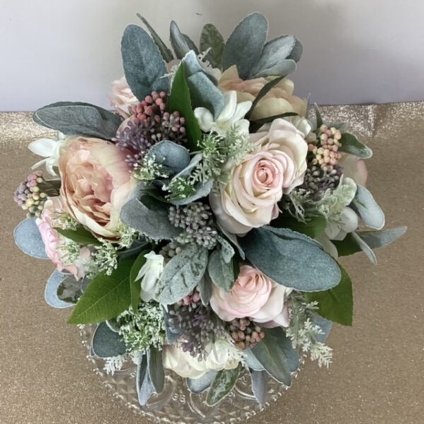 artificial silk flower brides bouquet, hand tied style ing roses, peony, queen annes lace, ivy, berry, tassle fern & twigs