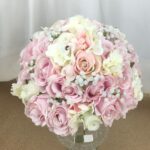 artificial silk brides bouquet, round hand tied compact style, inc roses, hydrangea, gypsophila.