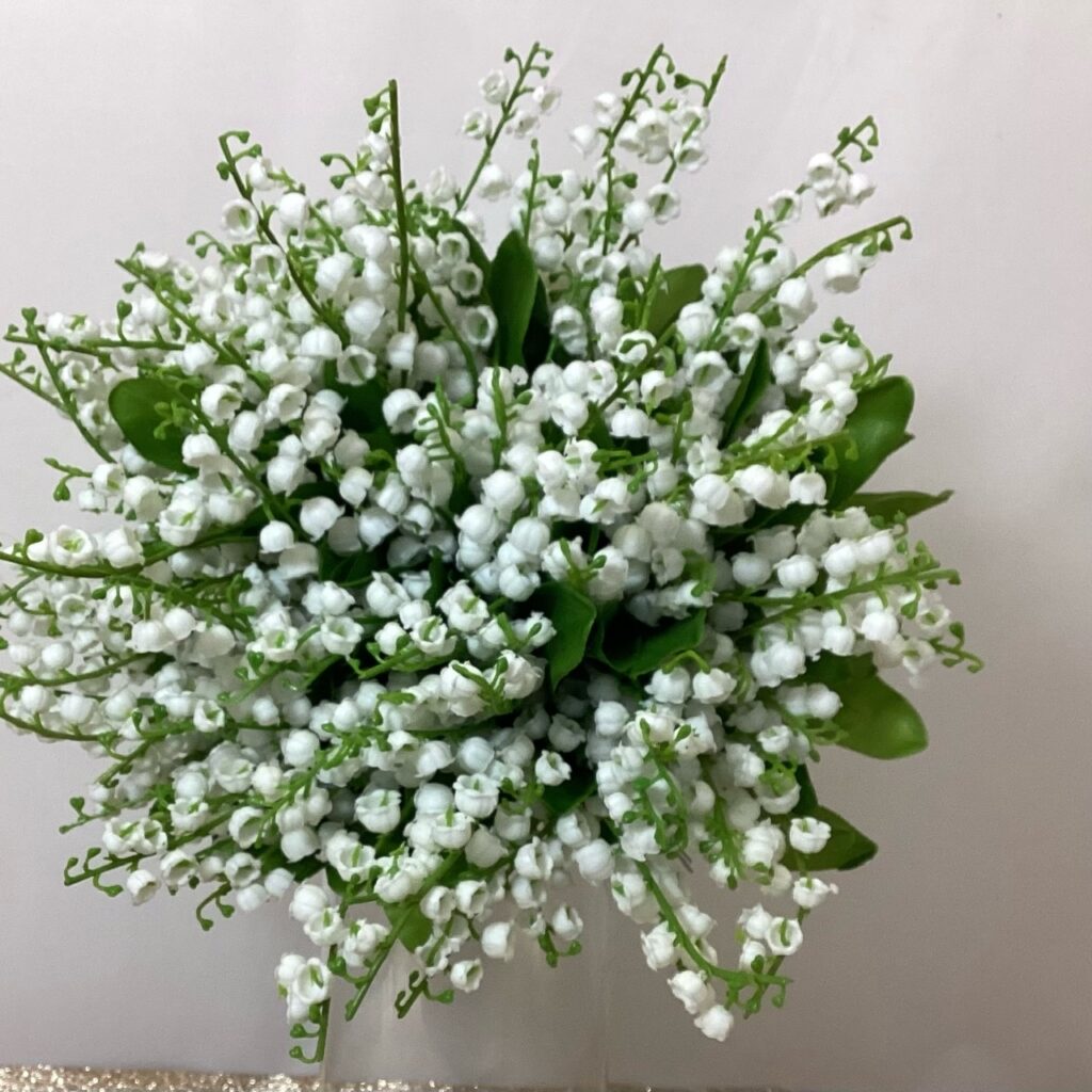 artificial wedding flowers. hand tied posy style. ivory. lily of the valley