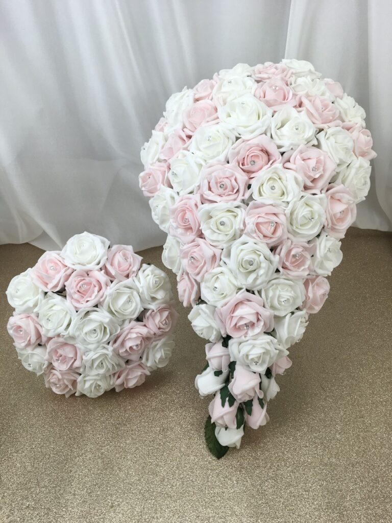 artificial flower brides bouquet, teardrop compact design inc foam colourfast roses