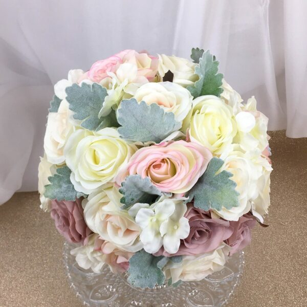 artificial silk flower bridal bouquet, hand tied posy style. grey, green, ivory, pink. blush, dusky pink. inc roses, lambs ear,, hydrangea, dusty miller. romantic