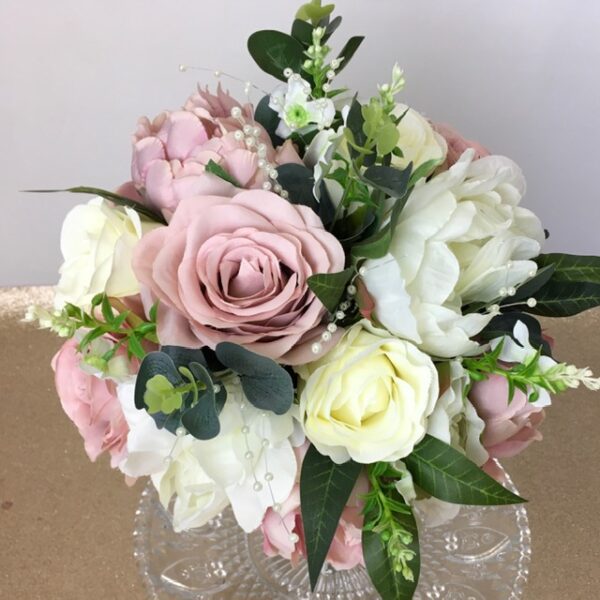 artificial silk flower brides bouquet, hand tied posy style, pink ivory, nude, blush green. available in most colours. inc roses, peony. catmint, eucalyptus & ruscus.